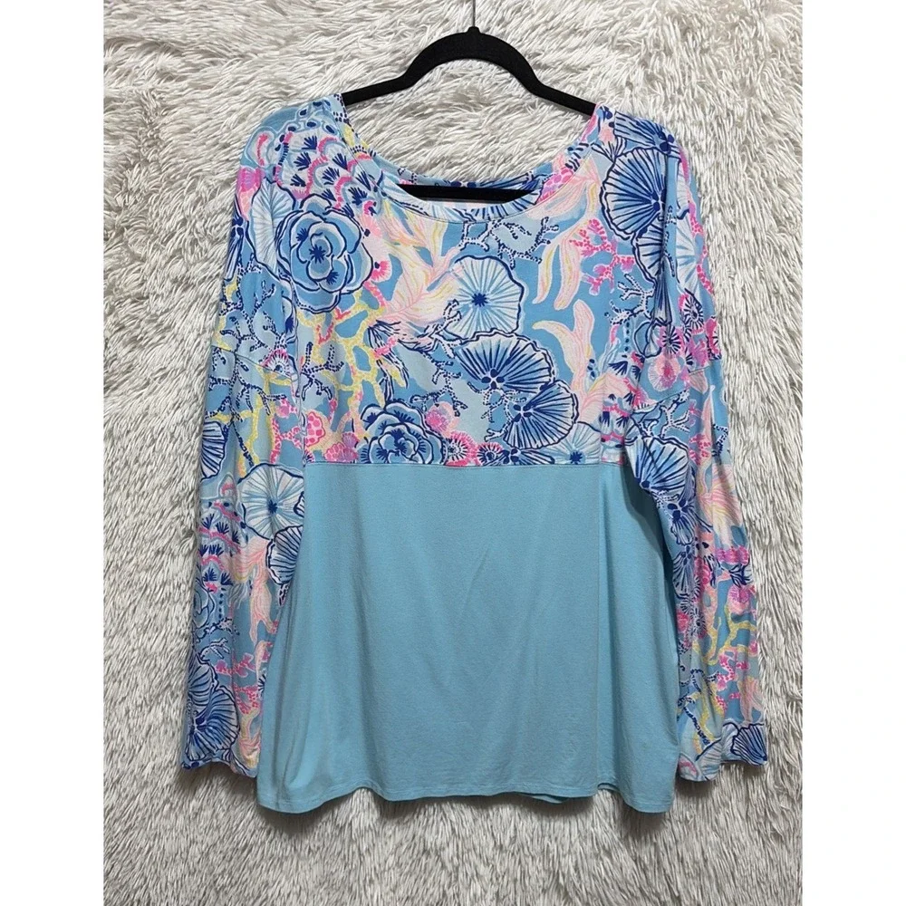 Lilly Pulitzer Finn Top Women's XL Blue Floral Boat Neck Long Sleeve Pima Cotton - Picture 2 of 7